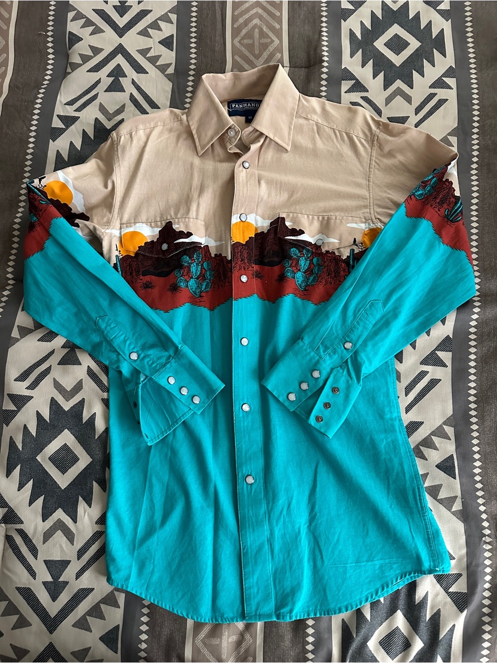 Panhandle Retro Turquoise & Tan Pearl Snap NWOT